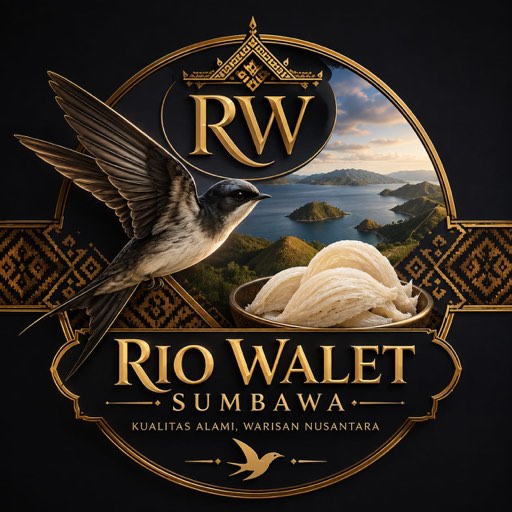 Team Rio Walet Sumbawa emblem — a swiftlet, nest, songket motif, and the Sumbawa seascape